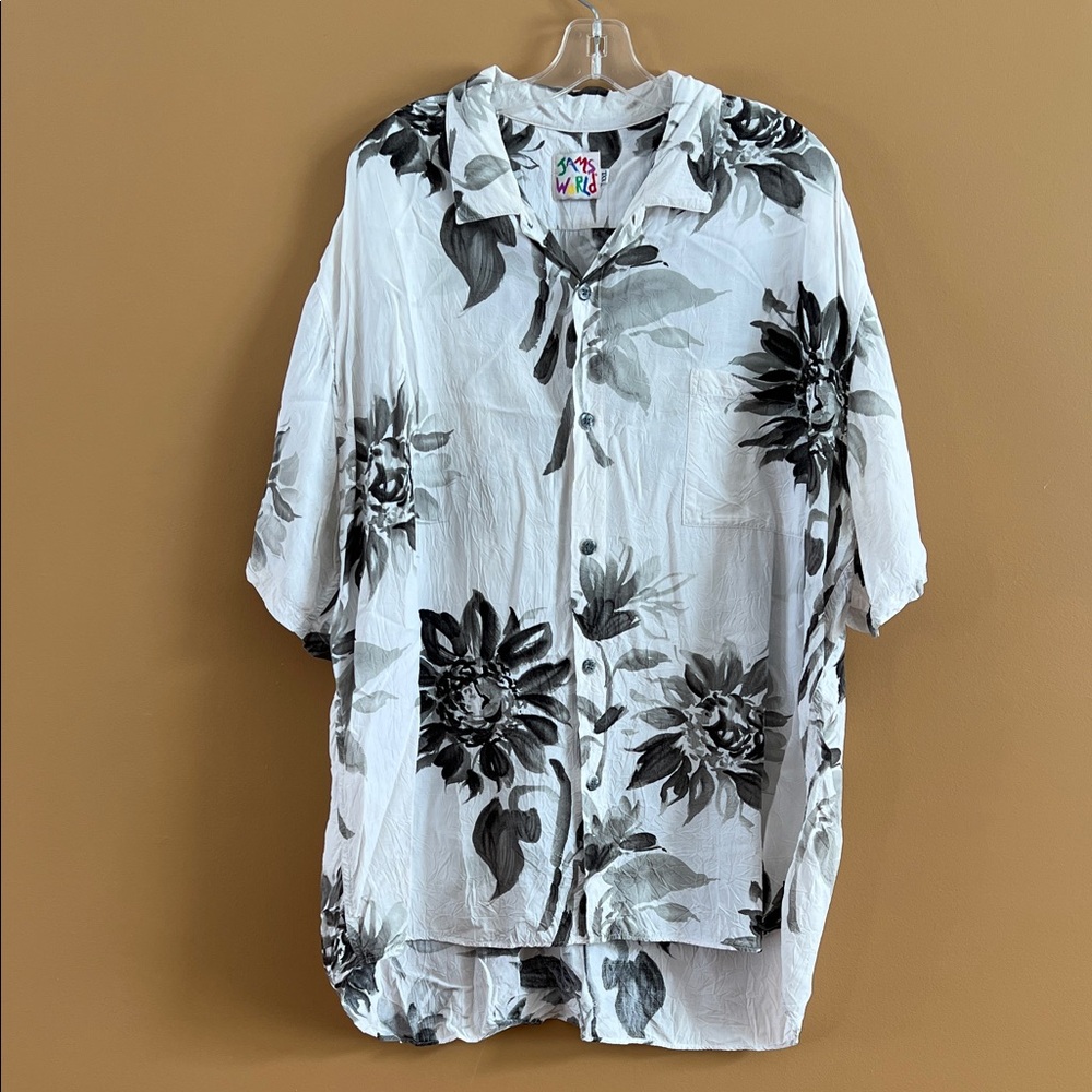 Jams World White Button-Up Shirt with Black & Grey Florals Size XL